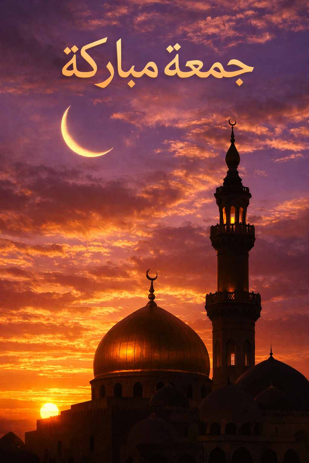 Jummah Mubarak جمعة مباركة mosque dome minaret crescent moon sunset vertical wallpaper